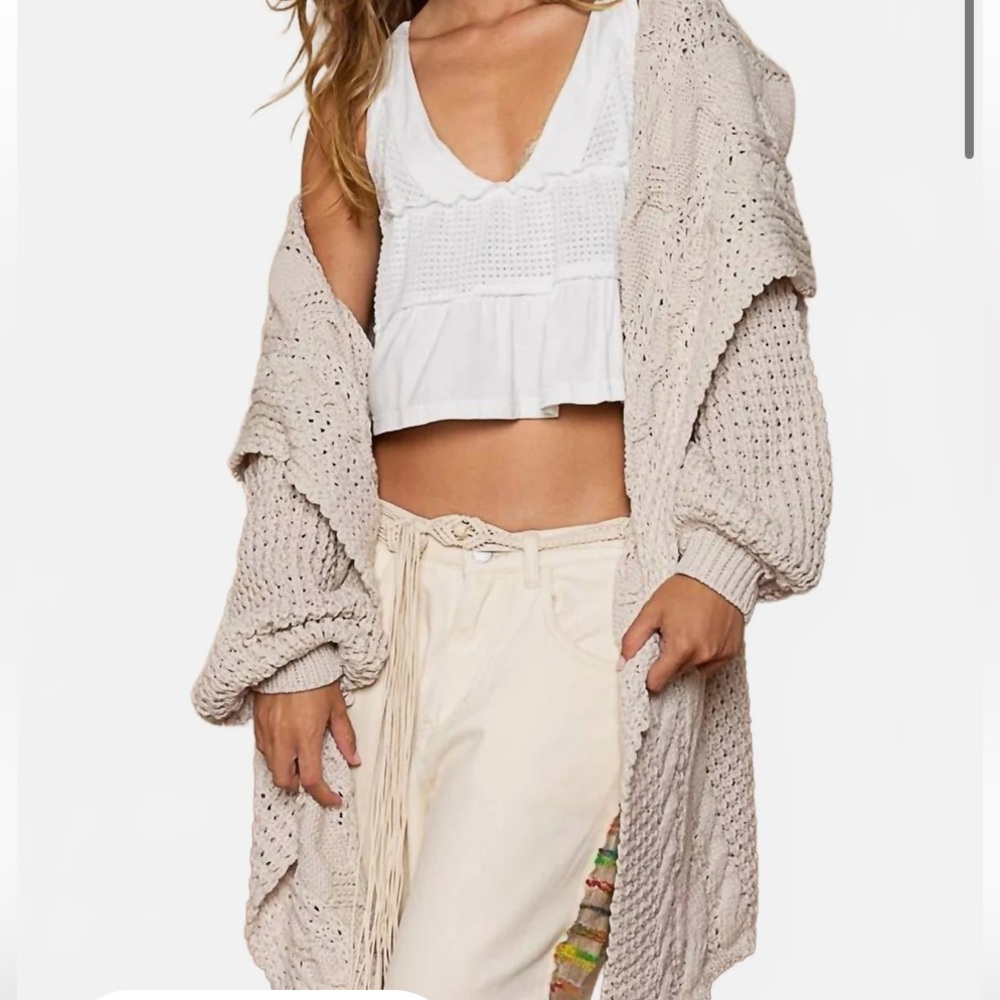 POL Twist Weave Shawl Collar Balloon Sweater Cardigan In Beige Size S.